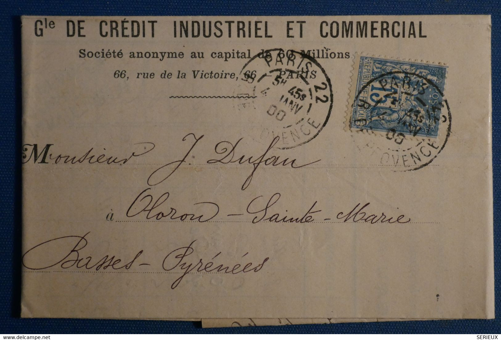 AN9 FRANCE BELLE LETTRE 1894 PERFORé    +15C SAGE+ PARIS POUR OLORON + PERFIN + AFFRANCH. PLAISANT - Other & Unclassified