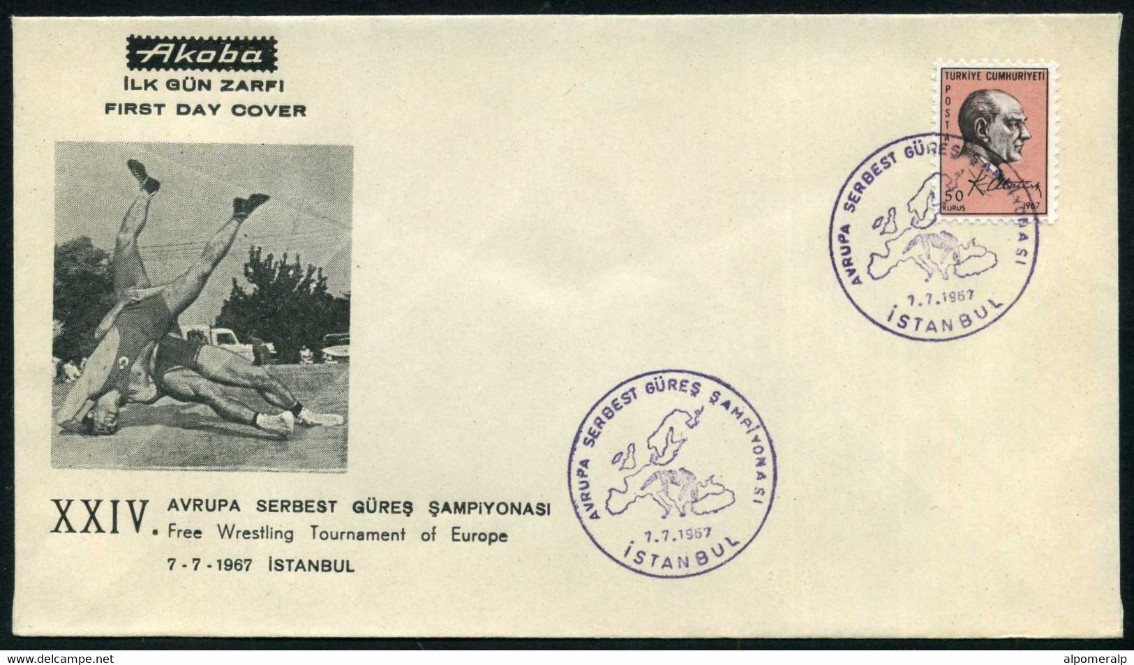 Turkey 1967 Free Wrestling Tournament Of Europe | Special Cover, Istanbul, July 7 - Lettres & Documents