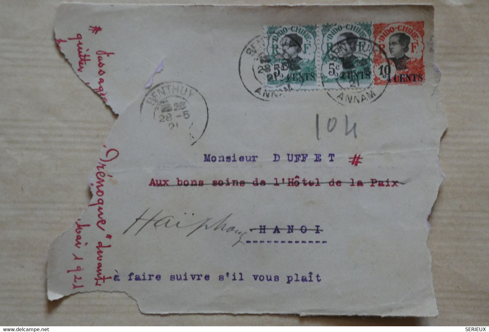 AN12 INDO CHINA  SUR LETTRE FRAGMENT  1921 BENTHUY POUR HAIPHONG  +PAIRE TP + + AFFRANCH. INTERESSANT - Cartas & Documentos