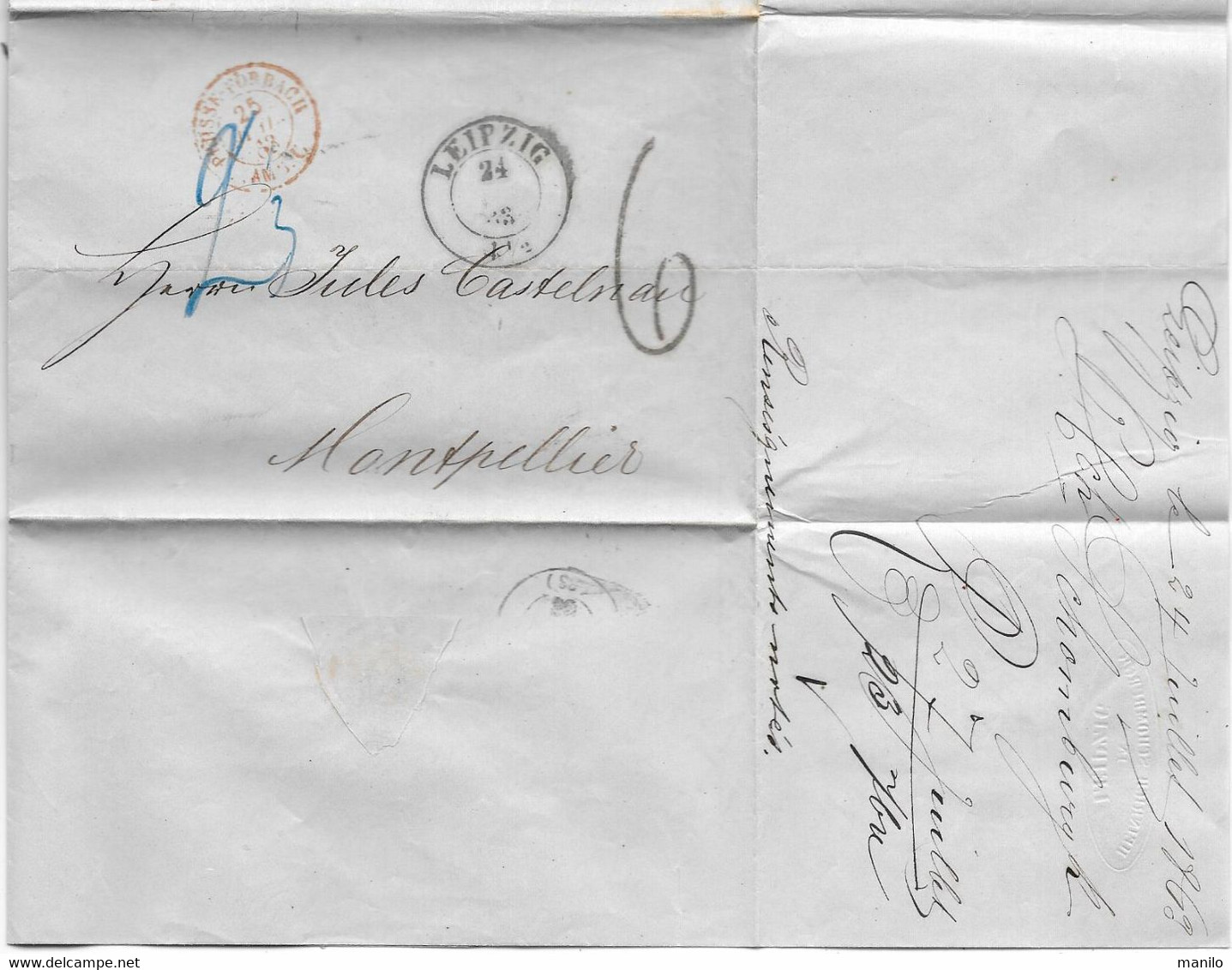 LAC 1863 Entrée Rouge  PRUSSE-FORBACH AMB.C Ambulant  HENRICH SCHOMBURGK Leipzig Pour CASTELNAU Montpellier Ttpe 15 Tx 6 - Entry Postmarks