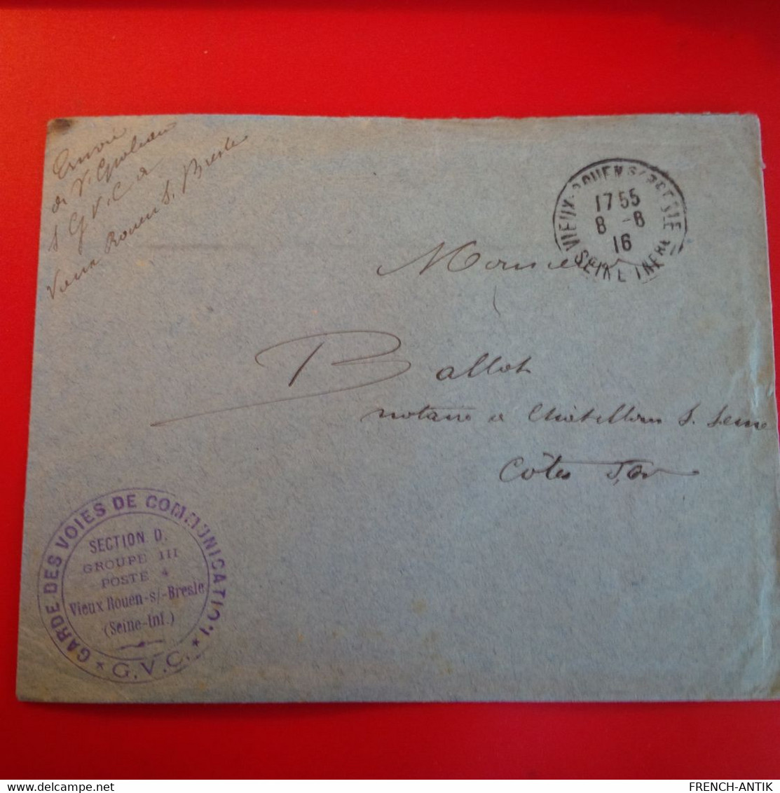 LETTRE MILITAIRE CACHET VIEUX ROUEN SUR BRESLE GARDE DES VOIES DE COMMUNICATION G.V.C POUR CHATILLON SUR SEINE - Timbres De Franchise Militaire