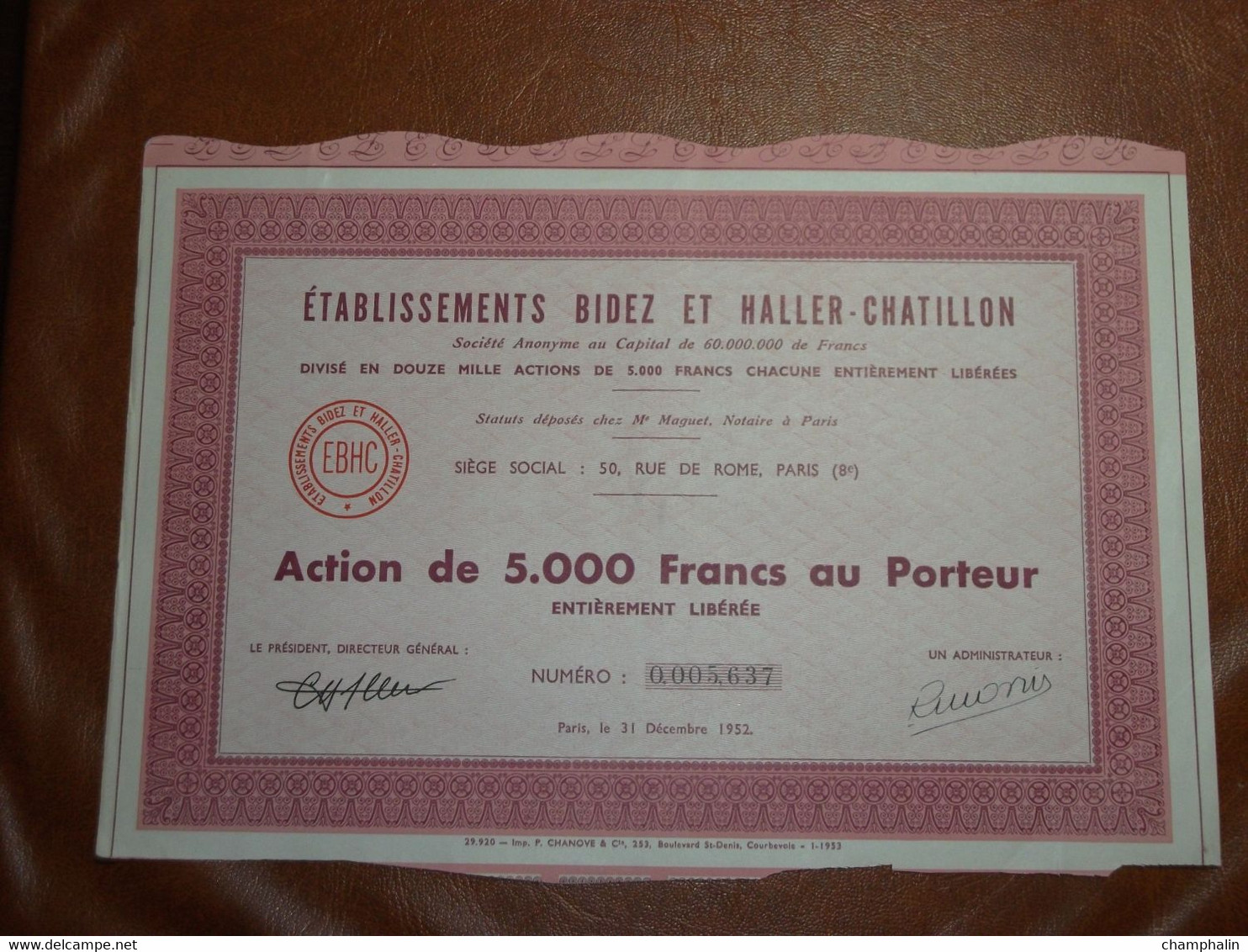 Actions - Etablissements Bidez Et Haller-Chatillon à Paris (75) - 31 Décembre 1952 - Action Au Porteur - A - C