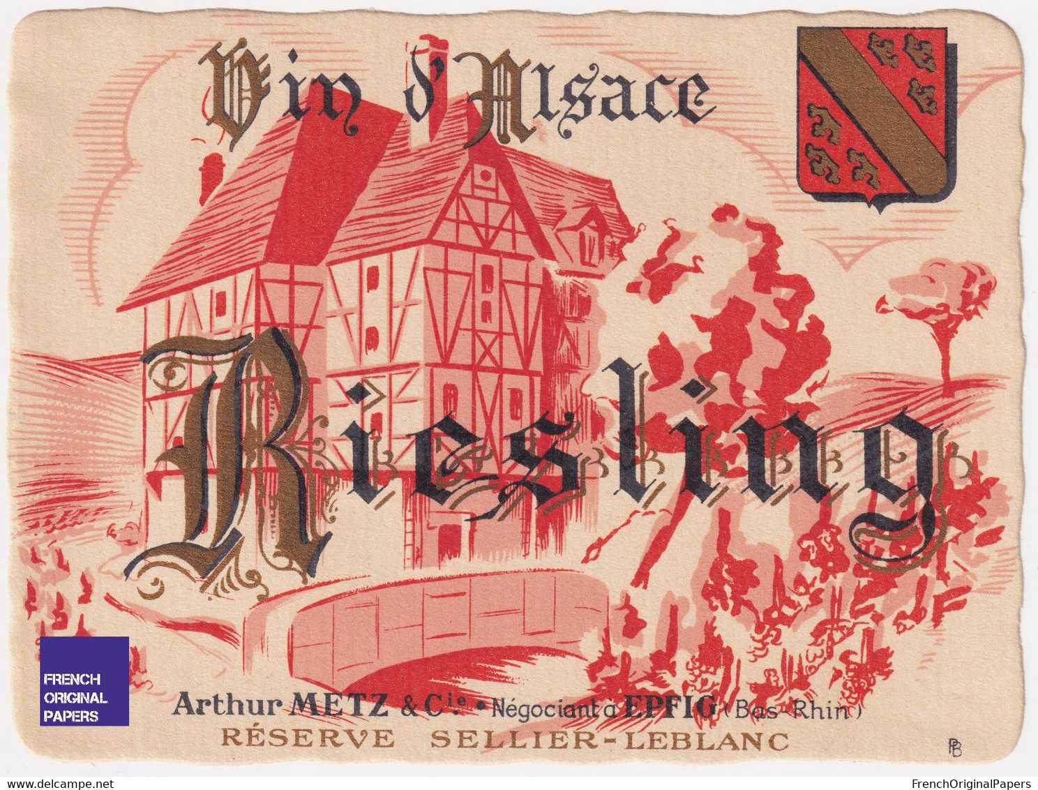 JAMAIS COLLEE 1980s étiquette Riesling Arthur Metz Négociant à Epfig Réserve Sellier-Leblanc Vin D' Alsace A54-12 - Riesling