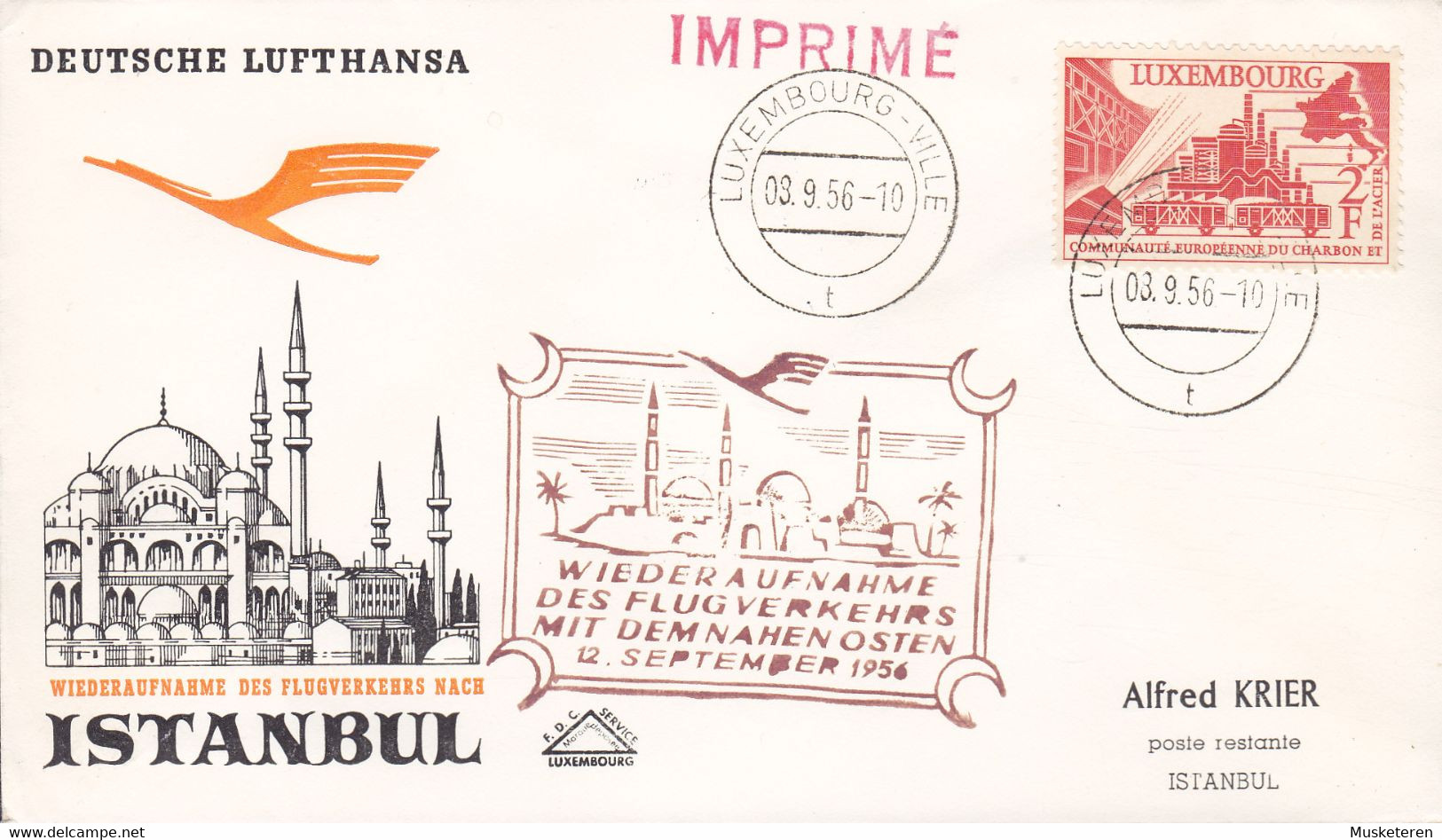 Luxembourg LUFTHANSA Wiederaufnahme Flugverkehrs Nahen Osten LUXEMBOURG-VILLE - ISTANBUL 1956 Cover Lettre Brief - Briefe U. Dokumente