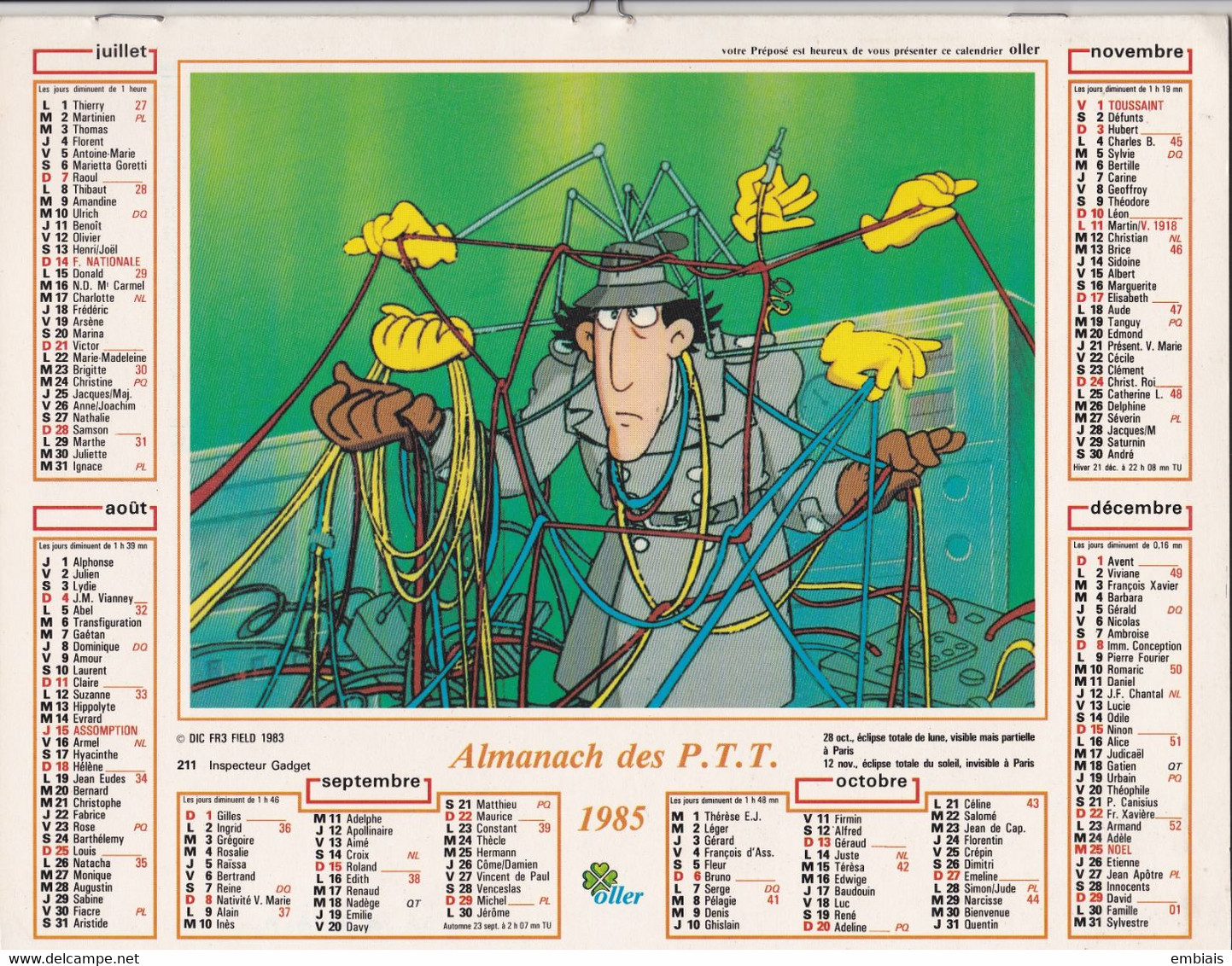 1985  ALMANACH DES PTT  - INSPECTEUR GADGET - Imprimerie Oller - Small : 1981-90