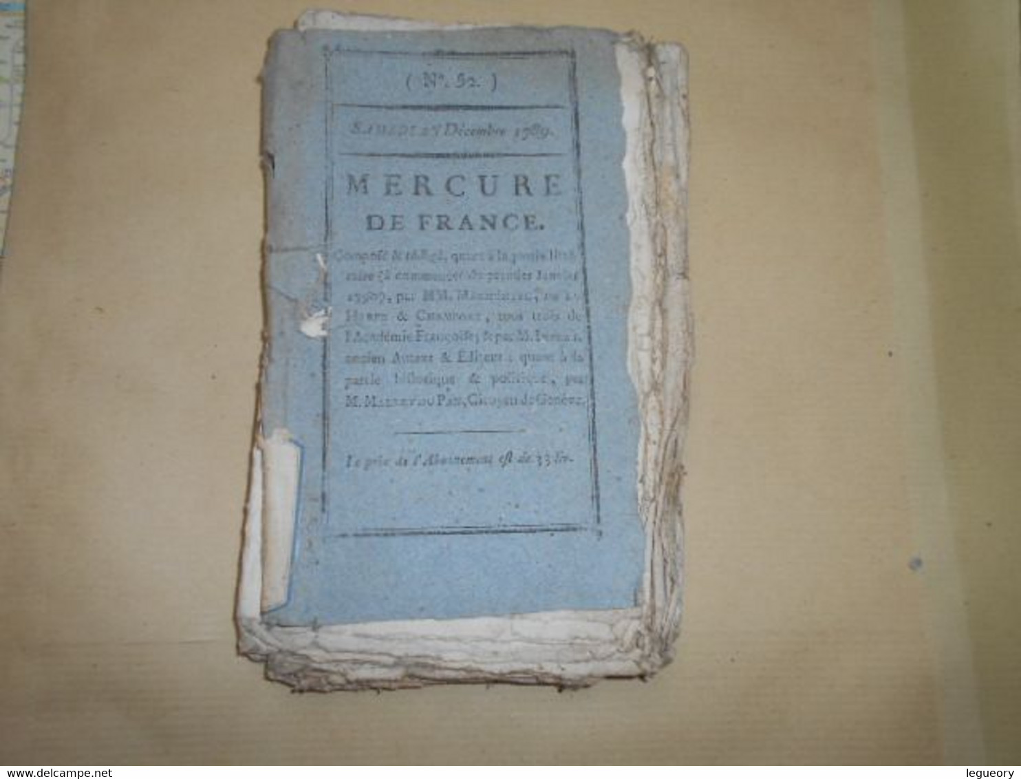 Mercure De France  N° 52   Samedi   26 Decembre  1789   Journal De La Librairie - Newspapers - Before 1800