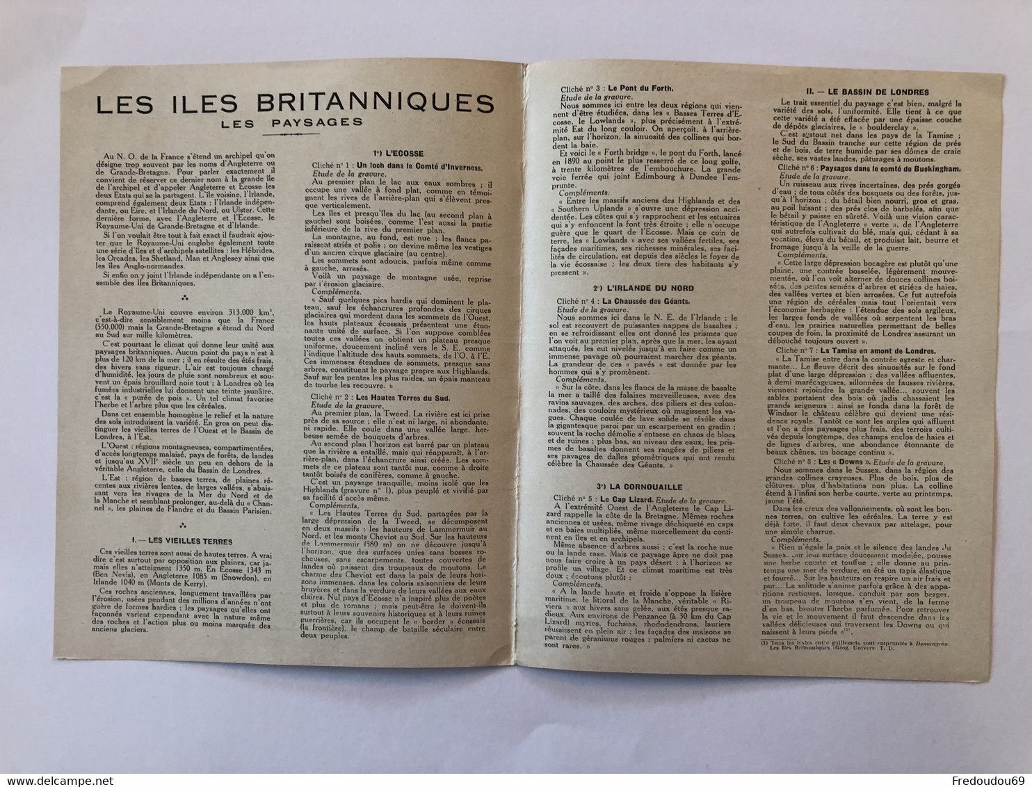 Documentation Pédagogique - Ecole - Géographie  - Les Iles Britanniques - Les Paysages - Janvier 1953 - Lesekarten