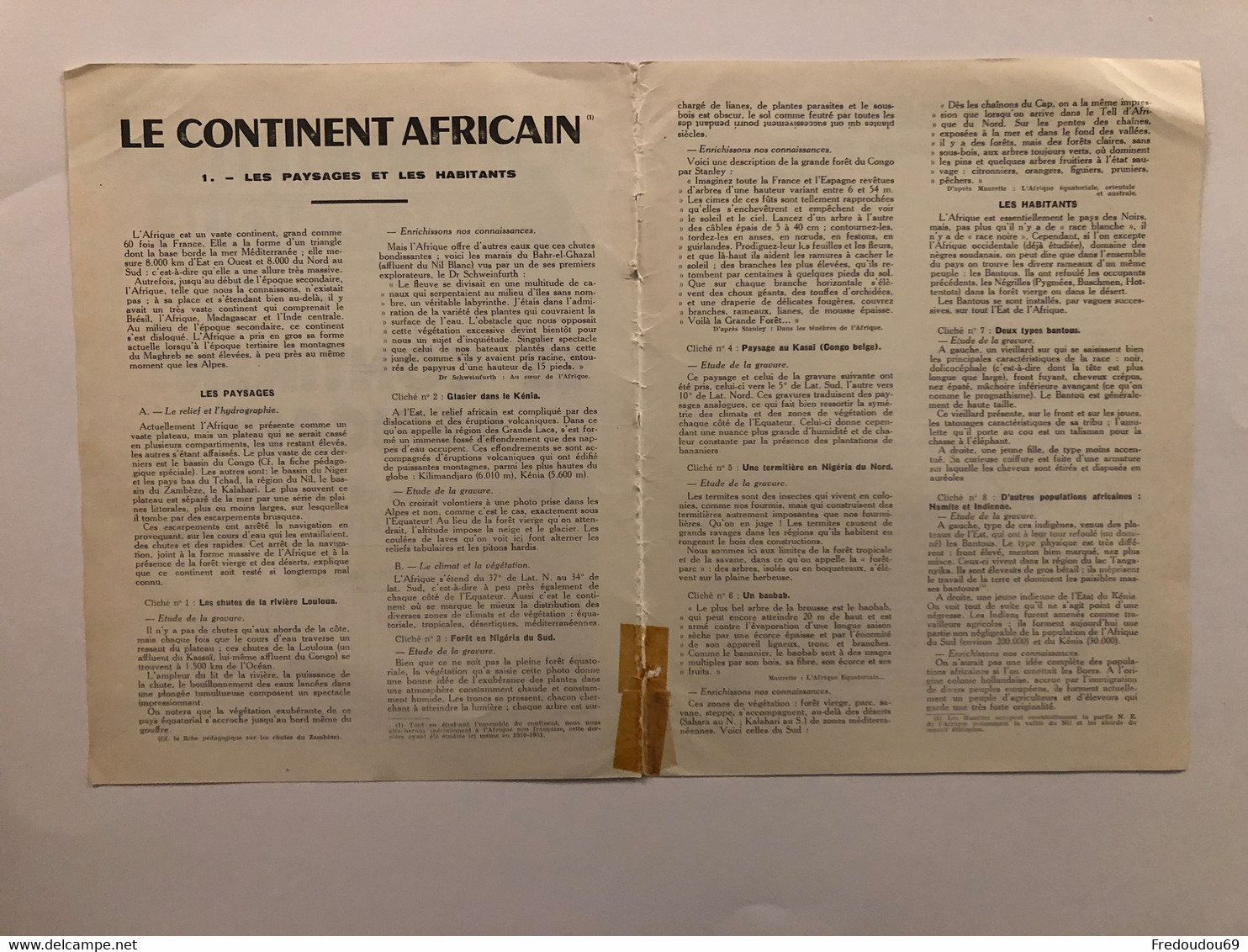 Documentation Pédagogique - Ecole - Géographie  - Le Continent Africain - Les Paysages Et Les Habitants - Octobre 1953 - Lesekarten