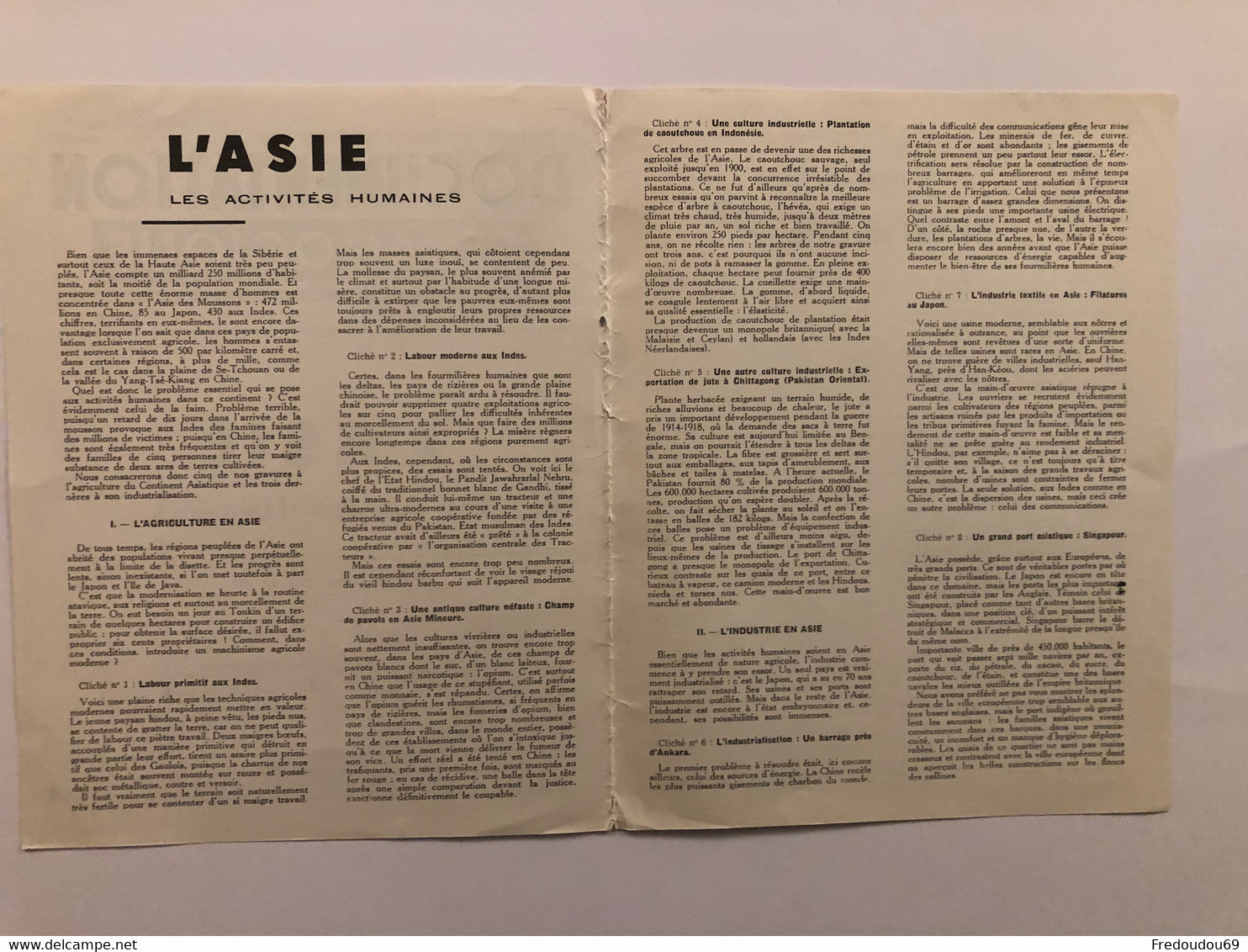 Documentation Pédagogique - Ecole - Géographie - L'Asie - Les Activités Humaines - Mars 1954 - Schede Didattiche