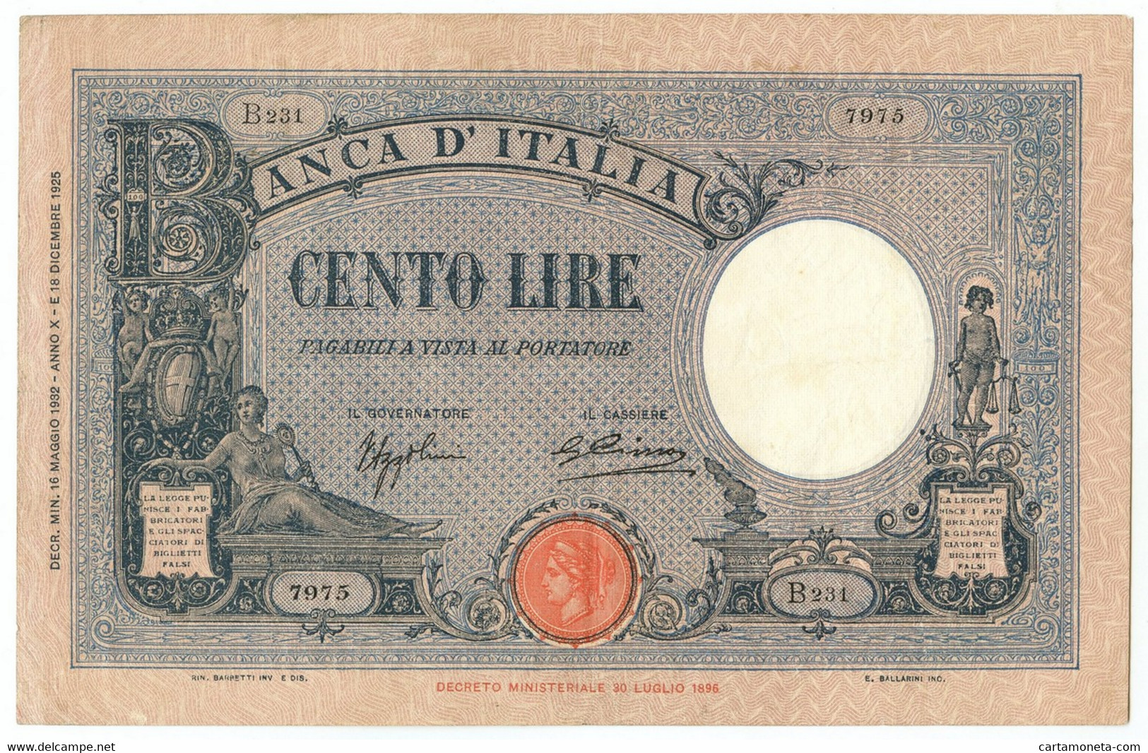 100 LIRE BARBETTI GRANDE B AZZURRO TESTINA FASCIO 16/05/1932 BB+ - Andere