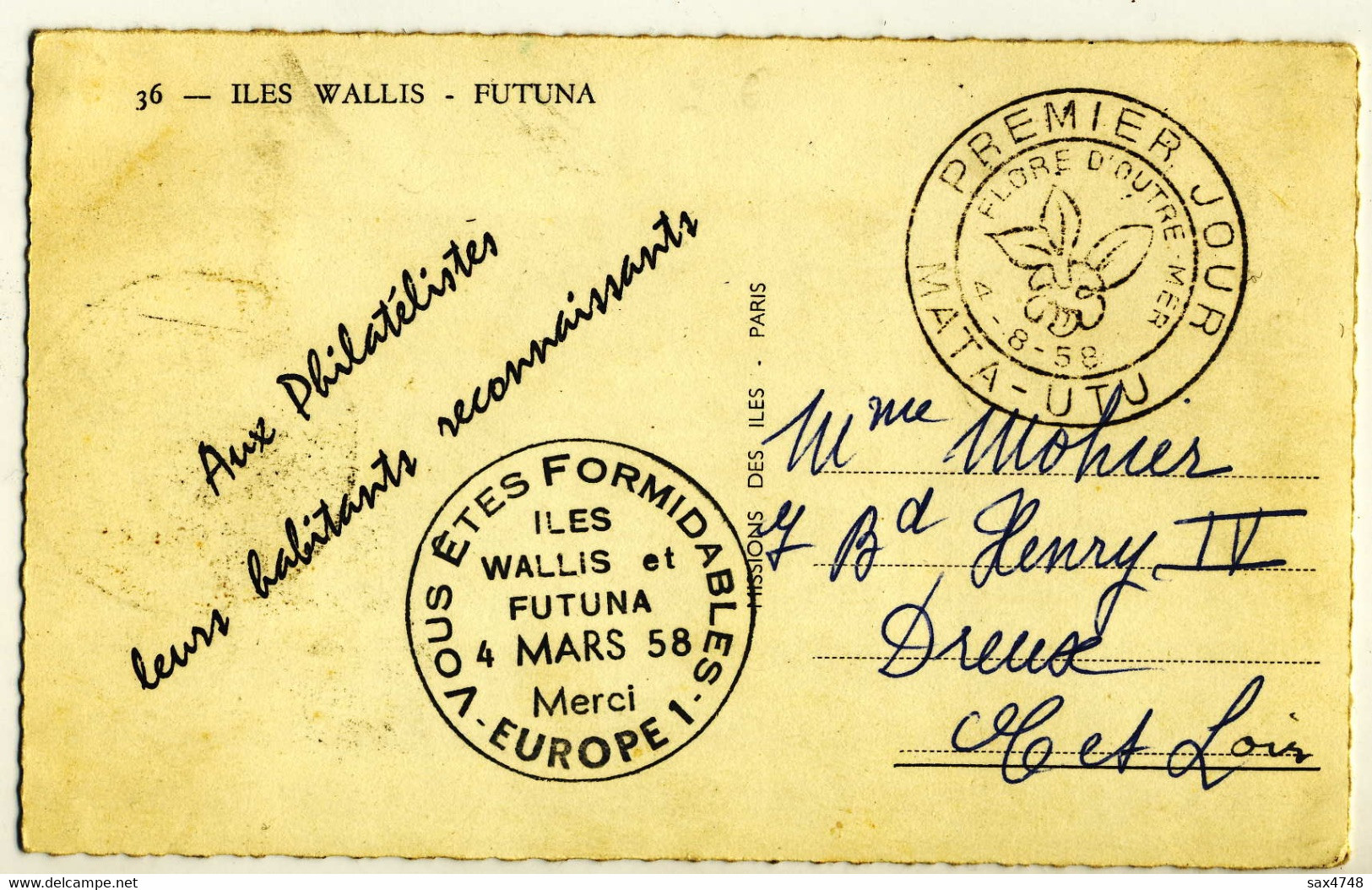 Iles Wallis - Futuna  - Premier Jour Mata-Utu ........Cachets Wallis Et Futuna 4 Mars 1958 - Merci Europe 1   2 Scans - Wallis And Futuna