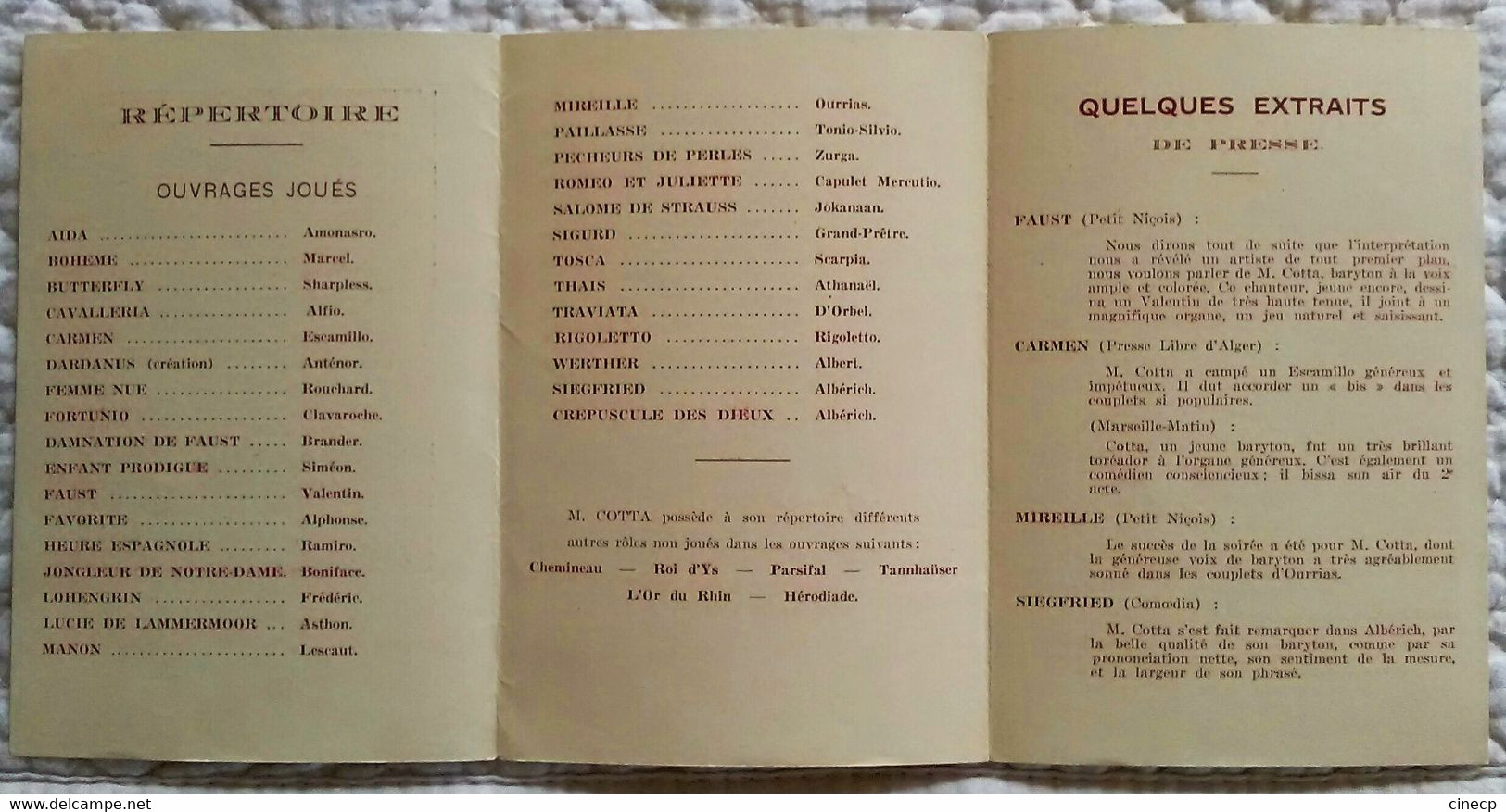 PETIT DEPLIANT ANCIEN PUBLICITE CHARLES COTTA CHANTEUR BARYTON OPERA NICE MARSEILLE ALGER REPERTOIRE - Toebehoren En Hoezen