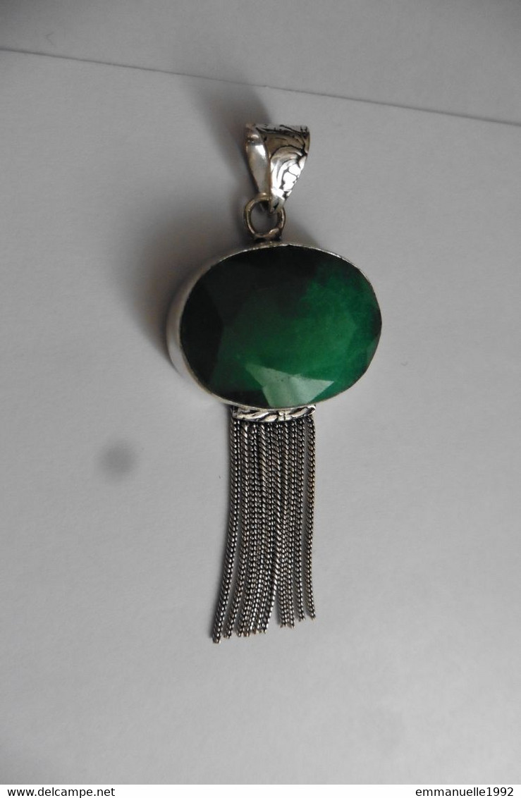 Neuf - Superbe Pendentif En Argent 925 Serti D'une Grosse émeraude Pompon En Chaînettes Art Deco - Pendentifs