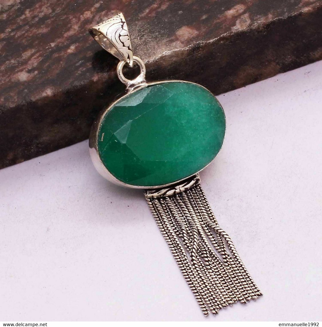 Neuf - Superbe Pendentif En Argent 925 Serti D'une Grosse émeraude Pompon En Chaînettes Art Deco - Pendentifs