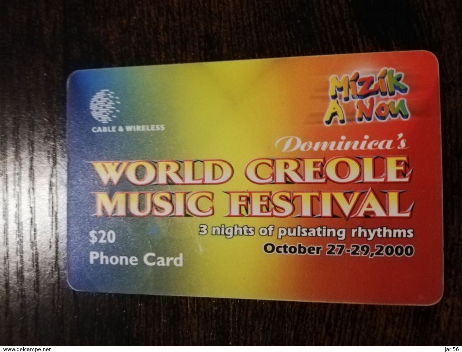 DOMINICA / $20 CHIPCARD  WORLD CREOLE MUSIC FESTIVAL 2000       Fine Used Card  ** 6865 ** - Dominique