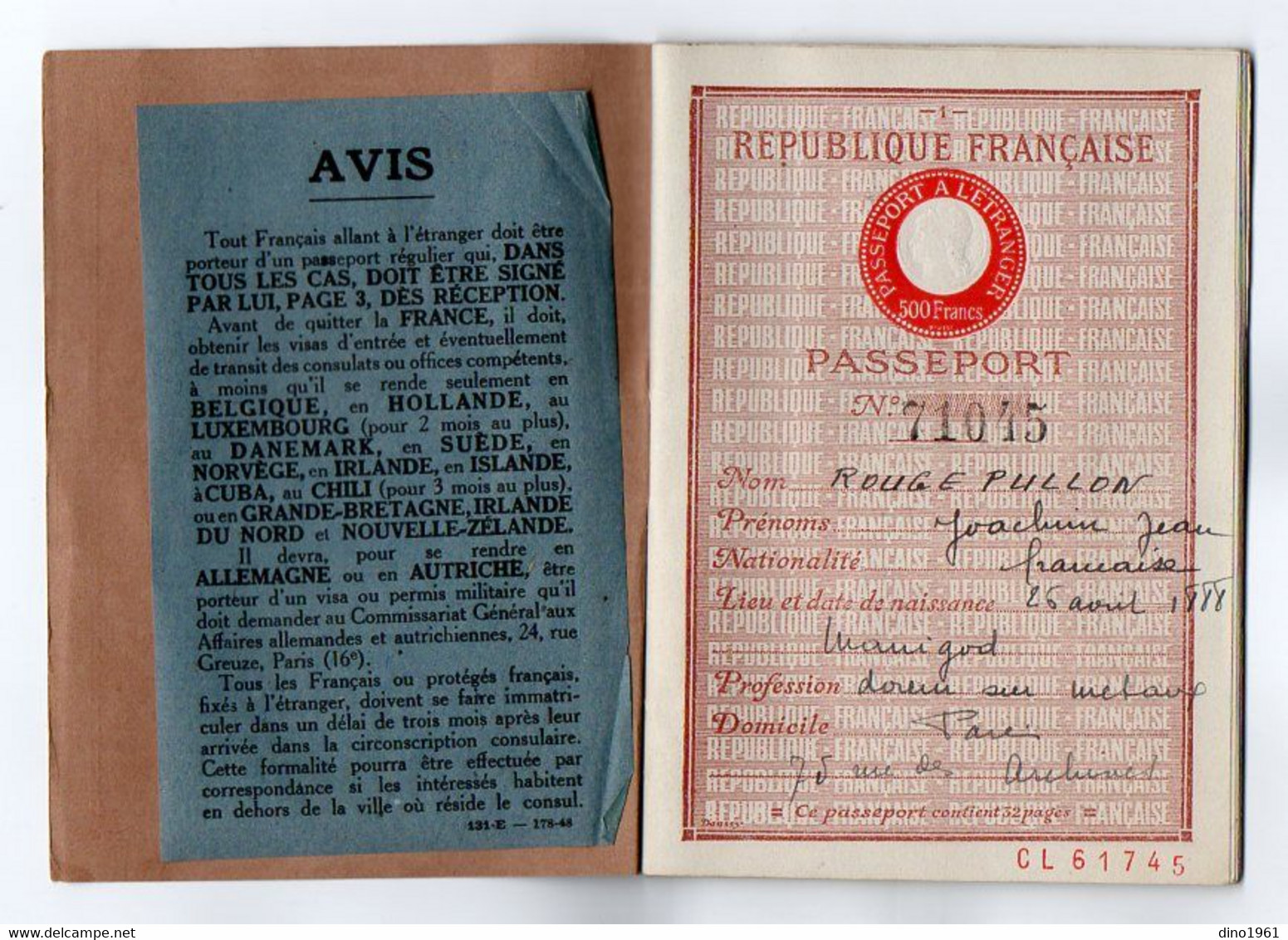 VP19.102 - PARIS 1948 - Préfecture De Police - Passeport - Mr ROUGE - PULLON Né à MANIGOD Doreur Sur Métaux - Police