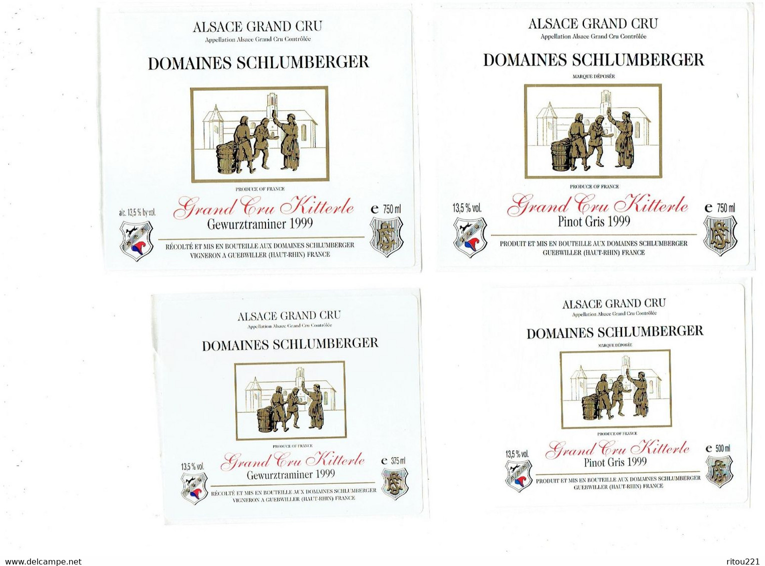 LOT 4 - AUTOCOLLANT Etiquette Vin Alsace DOMAINES SCHLUMBERGER GUEBWILLER Gewurztraminer 1999 PINOT Gris GD CRU KITTERLE - Gewurztraminer