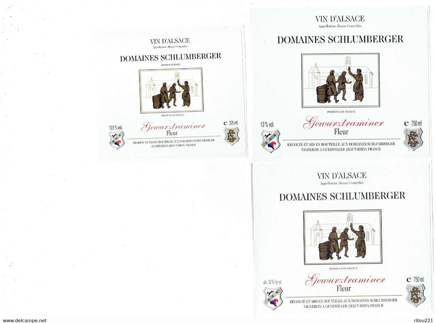 LOT 3 - AUTOCOLLANT Etiquette Vin Alsace DOMAINES SCHLUMBERGER GUEBWILLER Gewurztraminer FLEUR 13.5 % - 13% - Gewurztraminer