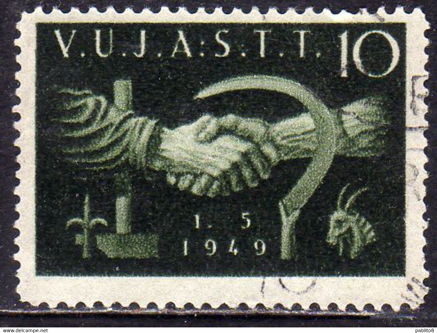 TRIESTE B 1949 1 MAGGIO MAY LABOUR DAY YUGOSLAVIA OVERPRINTED SOPRASTAMPATO JUGOSLAVIA 10d USATO USED OBLITERE' - Oblitérés