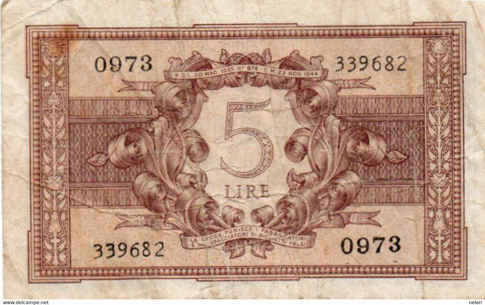 ITALIA 5 LIRE 1944 P-31c   Circ. ( 1944~1946 - Luogotenenza) -   Firme: Bolaffi / Cavallaro / Giovinco - Italia – 5 Lire