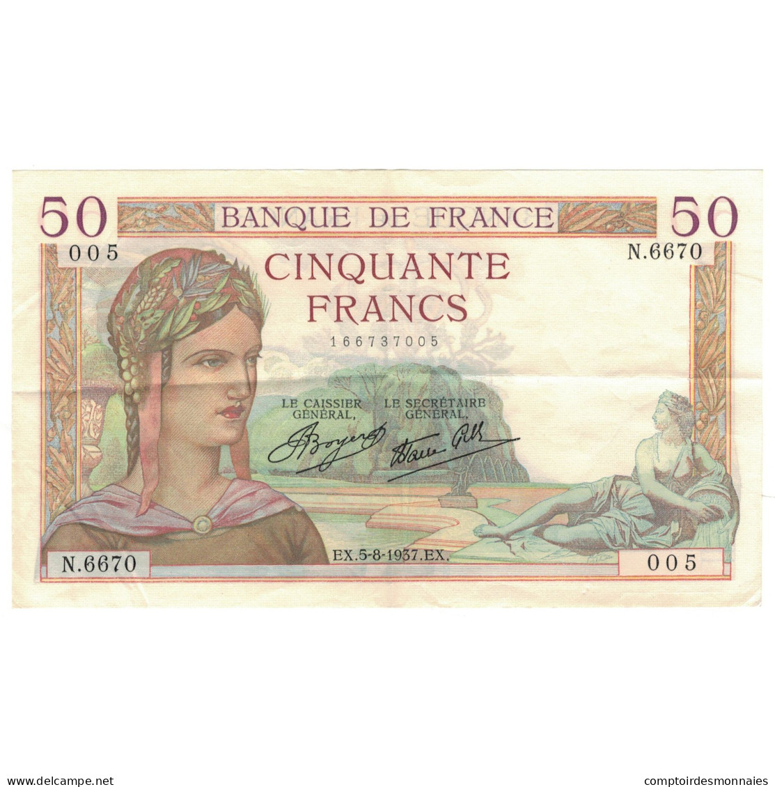 France, 50 Francs, Cérès, 1937, N.6670, SUP, Fayette:18.1, KM:85a - 50 F 1934-1940 ''Cérès''