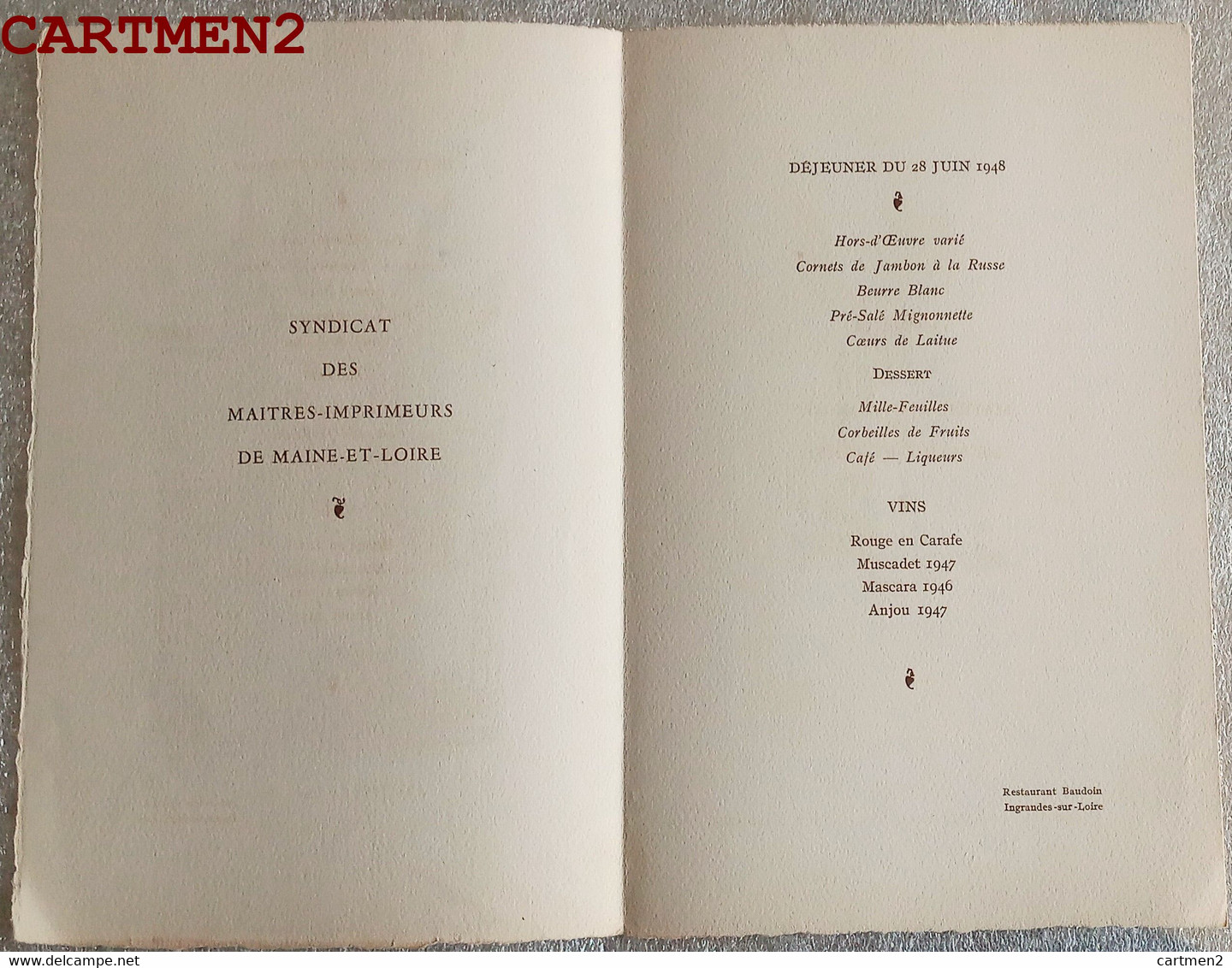 ANGERS SYNDICAT DES MAITRES-IMPRIMEURS DE MAINE-ET-LOIRE 1948 MENU RESTAURANT BAUDOIN INGRANDES LE LOGIS BARRAULT - Menus