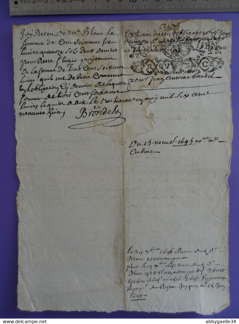 1695 GENERALITE De PROVENCE Papier Timbré N°62 De "HUIT DEN. 2D" Aix (Bouches-du-Rhône) - Cachets Généralité