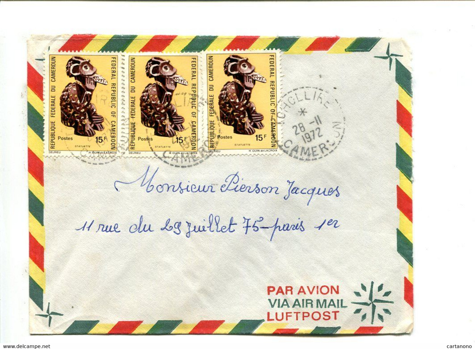 CAMEROUN Icholire 1972  - Affranchissement Multiple Sur Lettre (cachet Perlé) -  Statuette - Kamerun (1960-...)