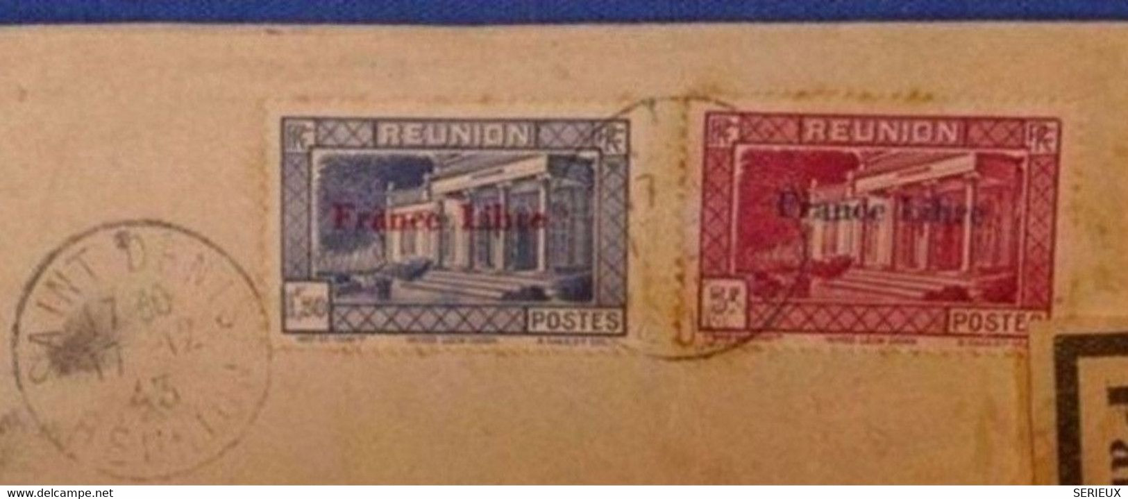 K15 LA REUNION LETTRE RARE RECOM. 1943 ST DENIS +CENSURE +FORCES FRANC .REOUVERTURE L. AERIENNE.CACHET ARR. MADAGASCAR - Brieven En Documenten