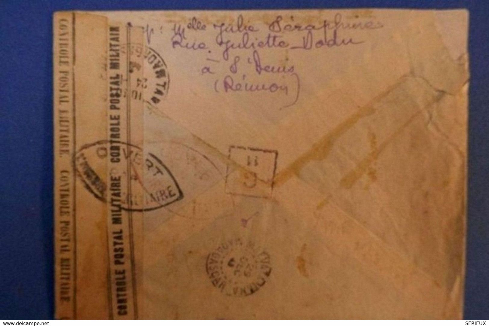 K15 LA REUNION LETTRE RARE RECOM. 1943 ST DENIS +CENSURE +FORCES FRANC .REOUVERTURE L. AERIENNE.CACHET ARR. MADAGASCAR - Lettres & Documents