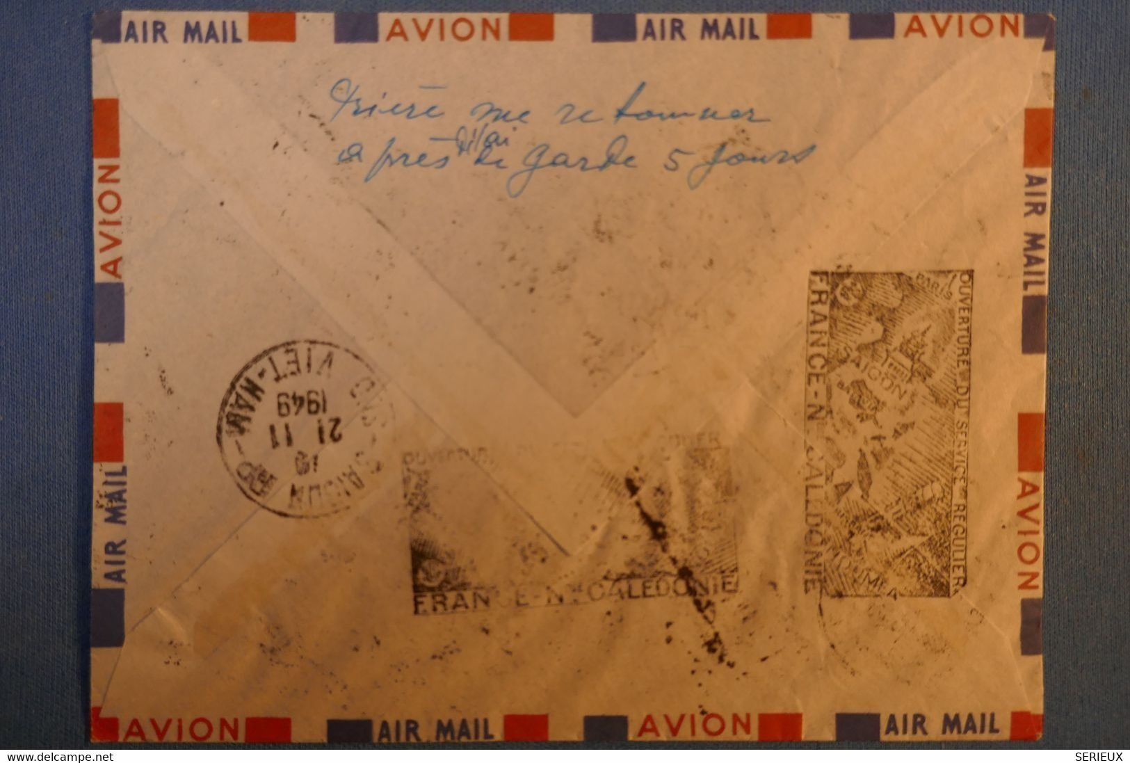 F1 INDOCHINE BELLE LETTRE 1949 PAR AVION SAIGON COCHINCHINE POUR NOUMEA RETOUR A L ENVOYEUR +AFFRANCH PLAISANT - Luftpost