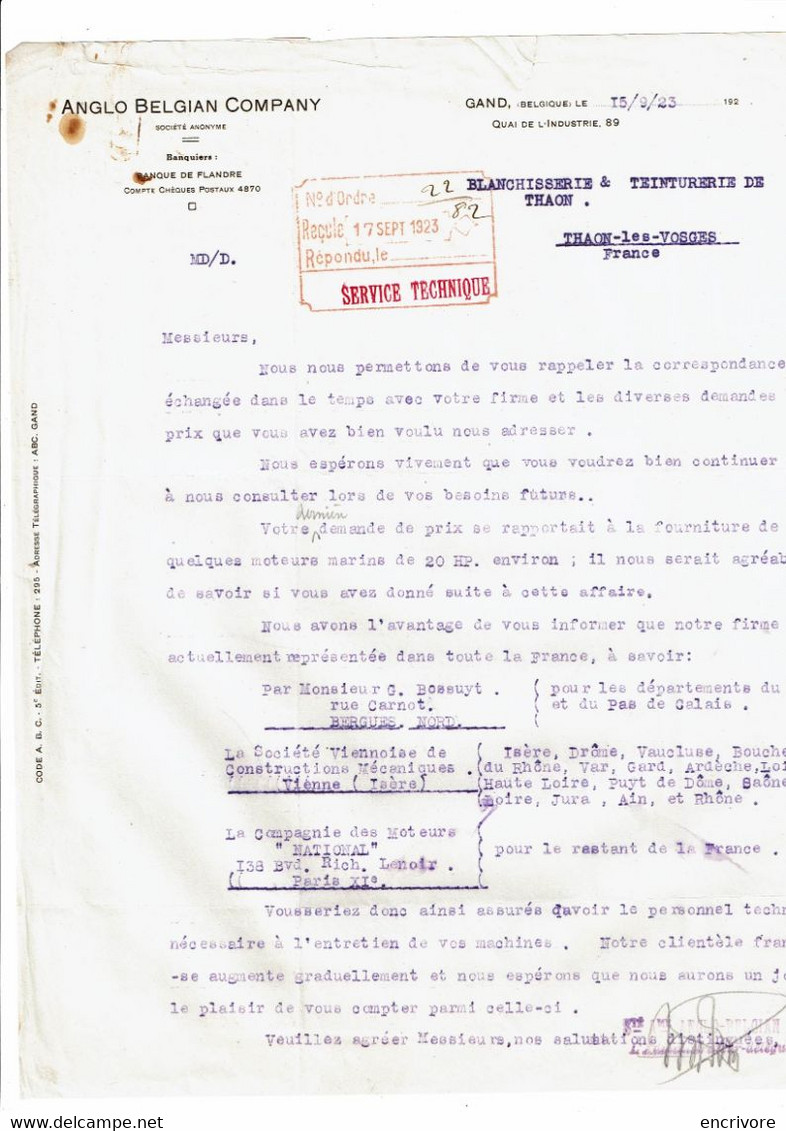 Lettre Commerciale ANGELO BELGIAN COMPANY Banque De Flandre  Pour Blanchisserie Teinturerie Thaon 1923 - Bank & Versicherung