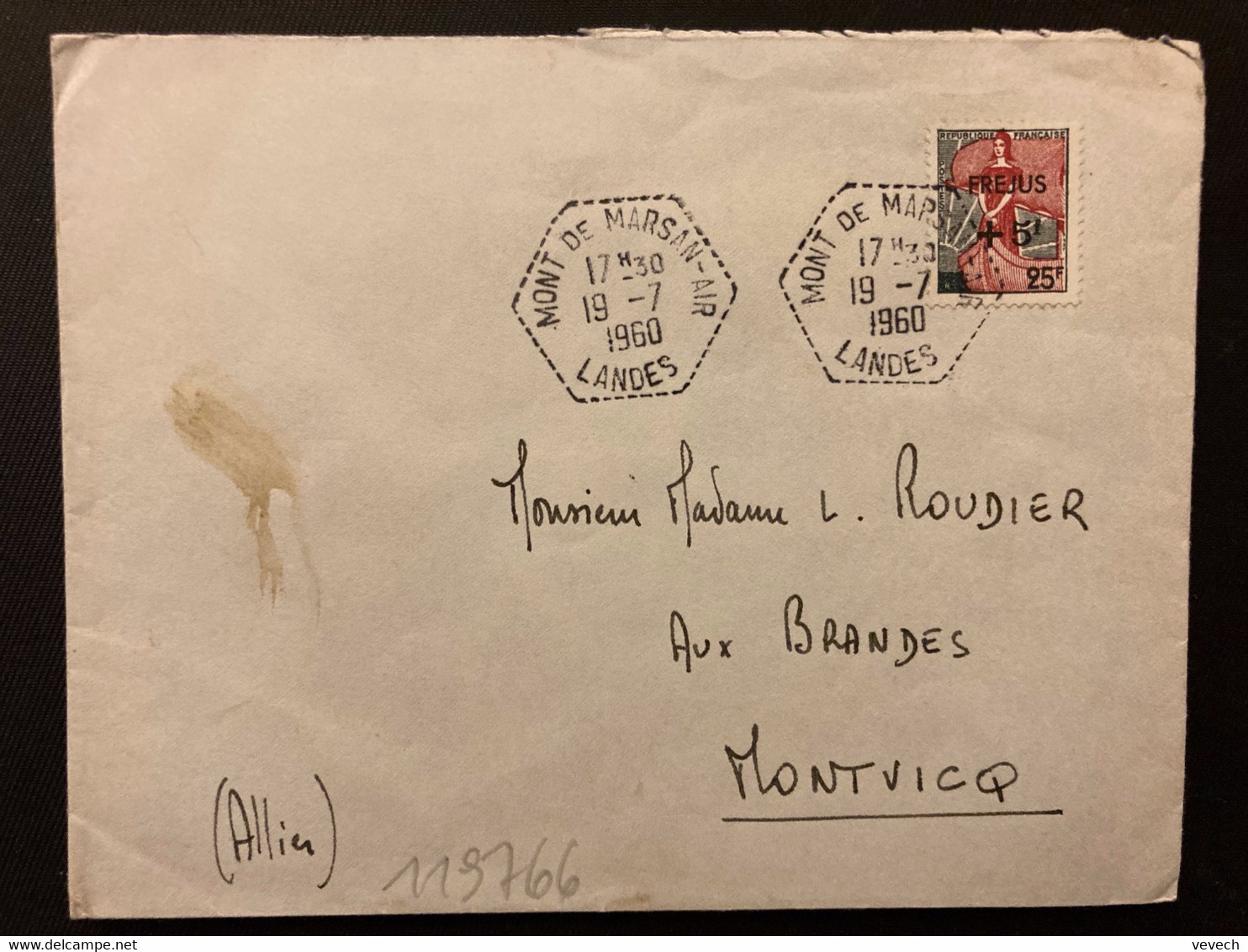 LETTRE TP M. A LA NEF 25F Surchargé FREJUS +5F OBL. HEXAGONALE Tiretée 19-7 1960 MONT DE MARSAN-AIR LANDES (40) - 1959-1960 Marianne à La Nef