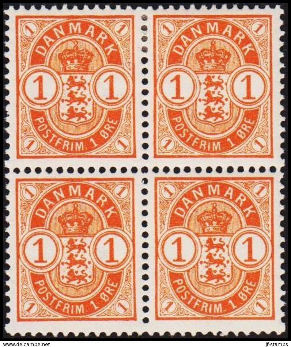 1902. DANMARK. Coat-of Arms. 1 Øre Orange 4-BLOCK With 2 Ex Never Hinged And 2 Stamps Hinged. ... (Michel 37) - JF515650 - Ungebraucht