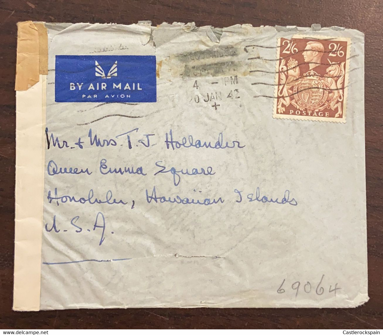 O) 1942 GREAT BRITAIN, KING GEORGE VI AND ROYAL ARMS, SCT 249 2sh6p, AIRMAIL CIRCULATED TO USA - Other & Unclassified