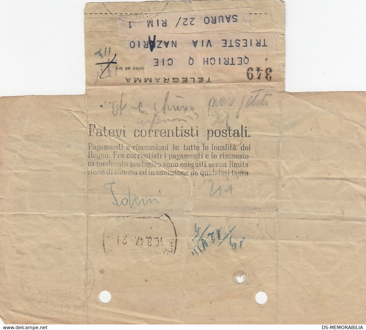 Italy Telegrafo Telegramma Telegram Trieste 1947 - Other & Unclassified