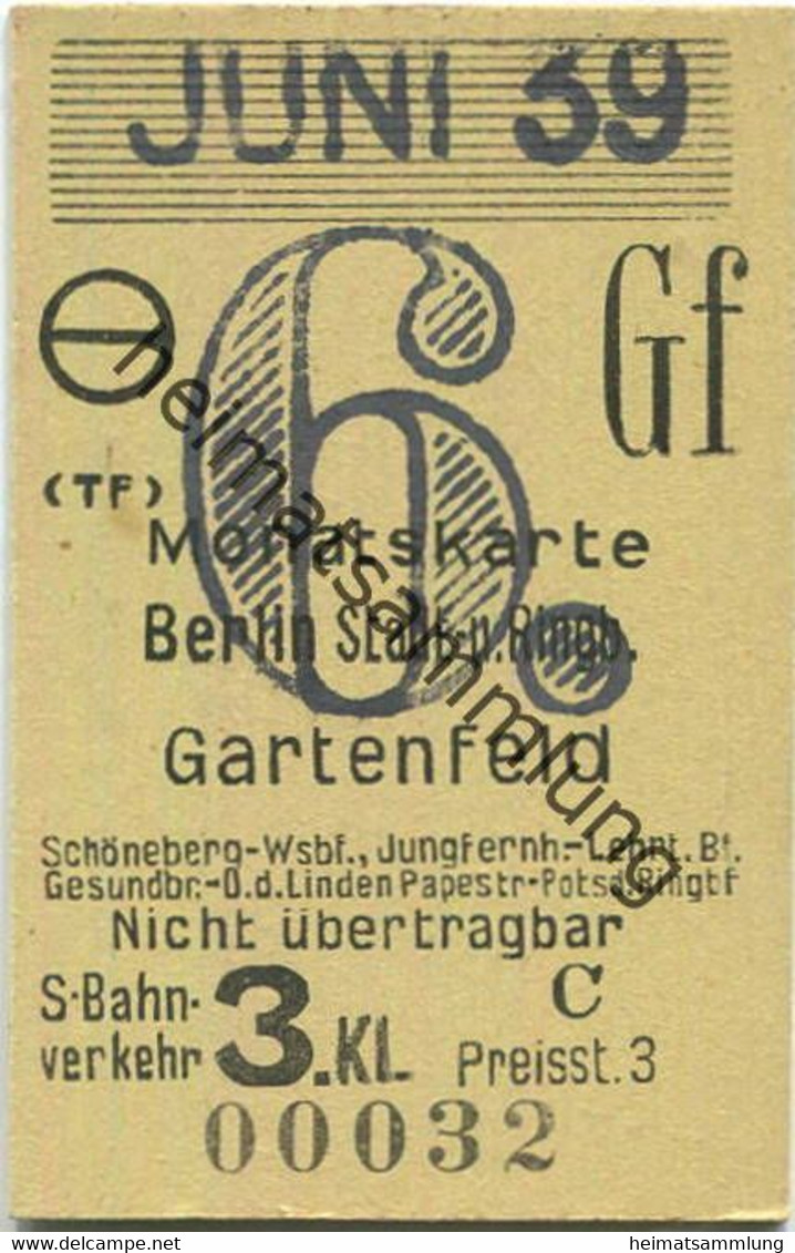 Deutschland - Monatskarte - Berlin Stadt- Und Ringbahn Gartenfeld - Fahrkarte Berlin S-Bahn-Verkehr 3. Klasse 1938 - Europa