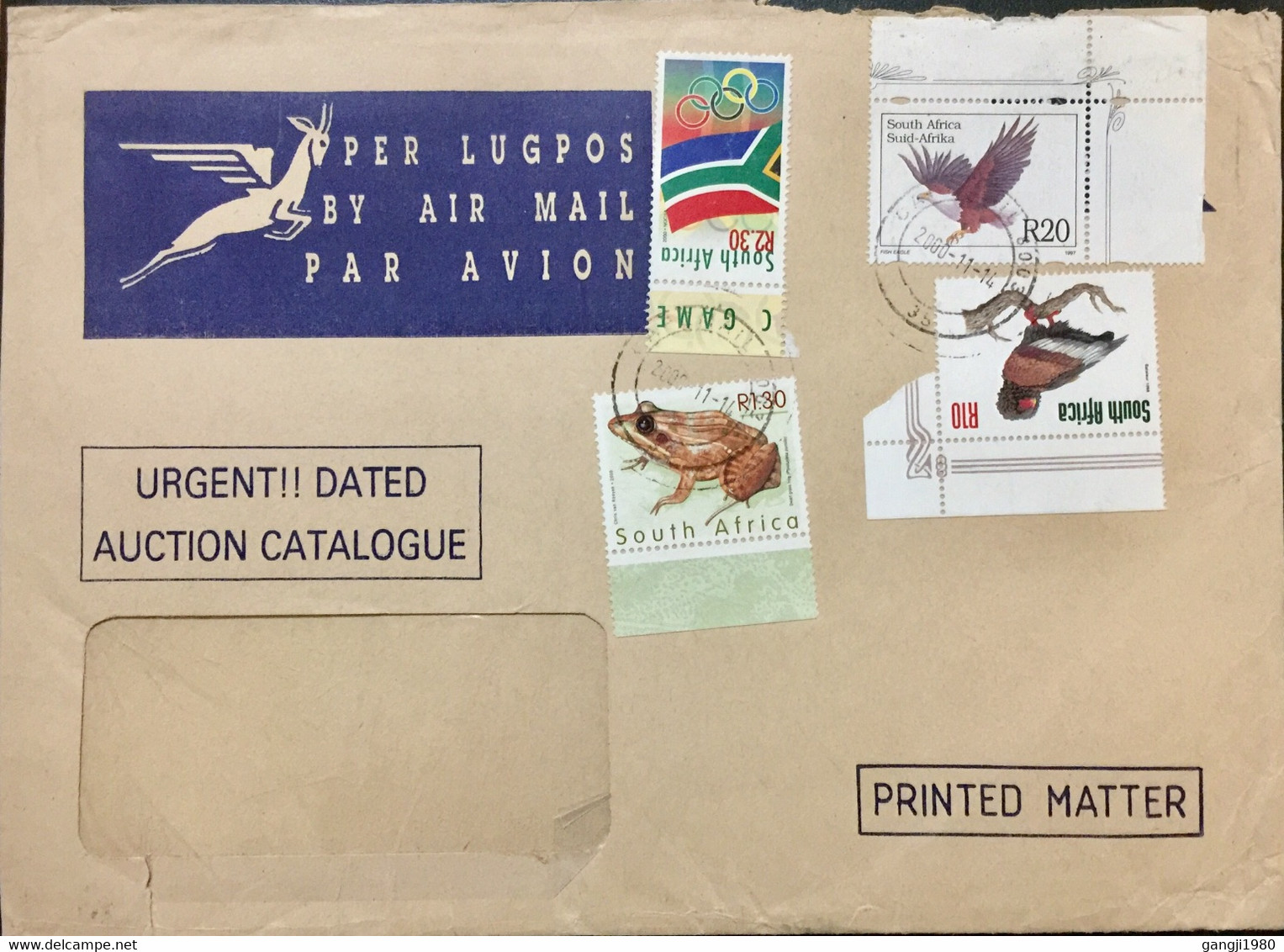 SOUTH AFRICA 2000 ,AIRMAIL FLYING DEER -PRINTED USED COVER, BIRD, FROG ,OLYMPIC, 4 DIFFERENT STAMP USED - Storia Postale
