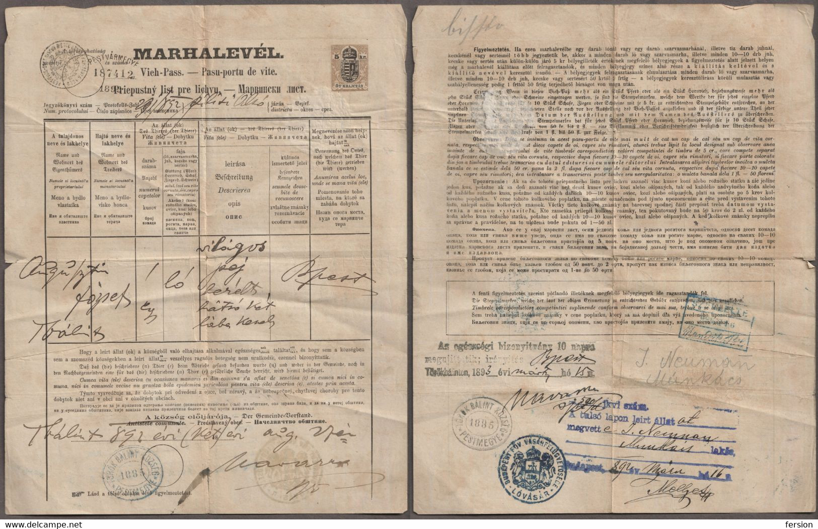 1882 Hungary PEST County Törökbálint / MUNKÁCS Ukraine - REVENUE TAX - CROWN Coat Of ARMS HORSE Animal Passport - Fiscale Zegels