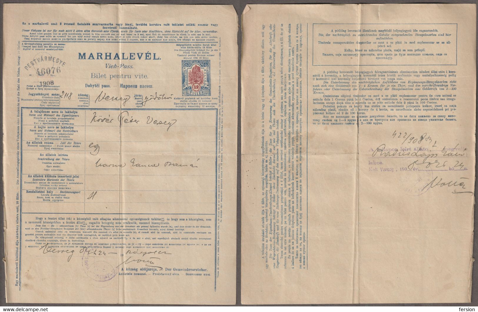 1908 Hungary PEST County VERSEG - REVENUE TAX - CROWN Coat Of ARMS - DONKEY Animal Passport 12 Fill - Fiscale Zegels