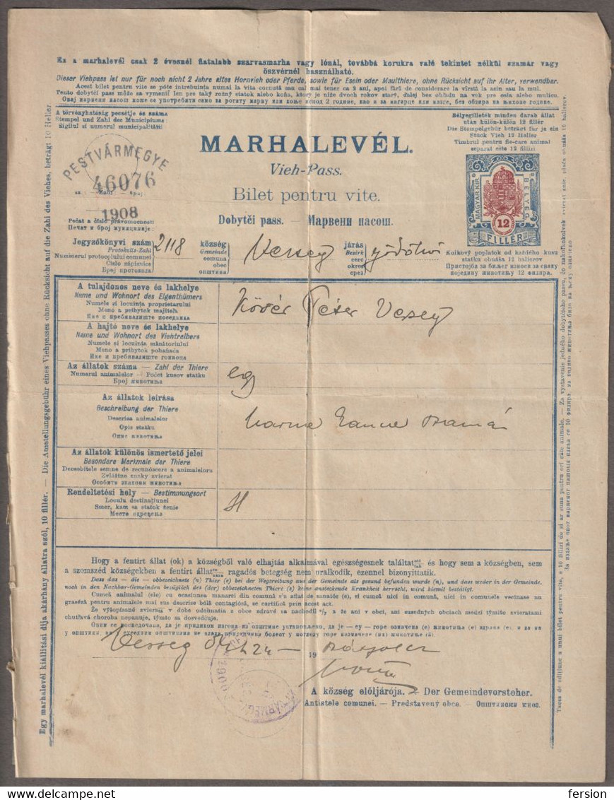 1908 Hungary PEST County VERSEG - REVENUE TAX - CROWN Coat Of ARMS - DONKEY Animal Passport 12 Fill - Fiscale Zegels