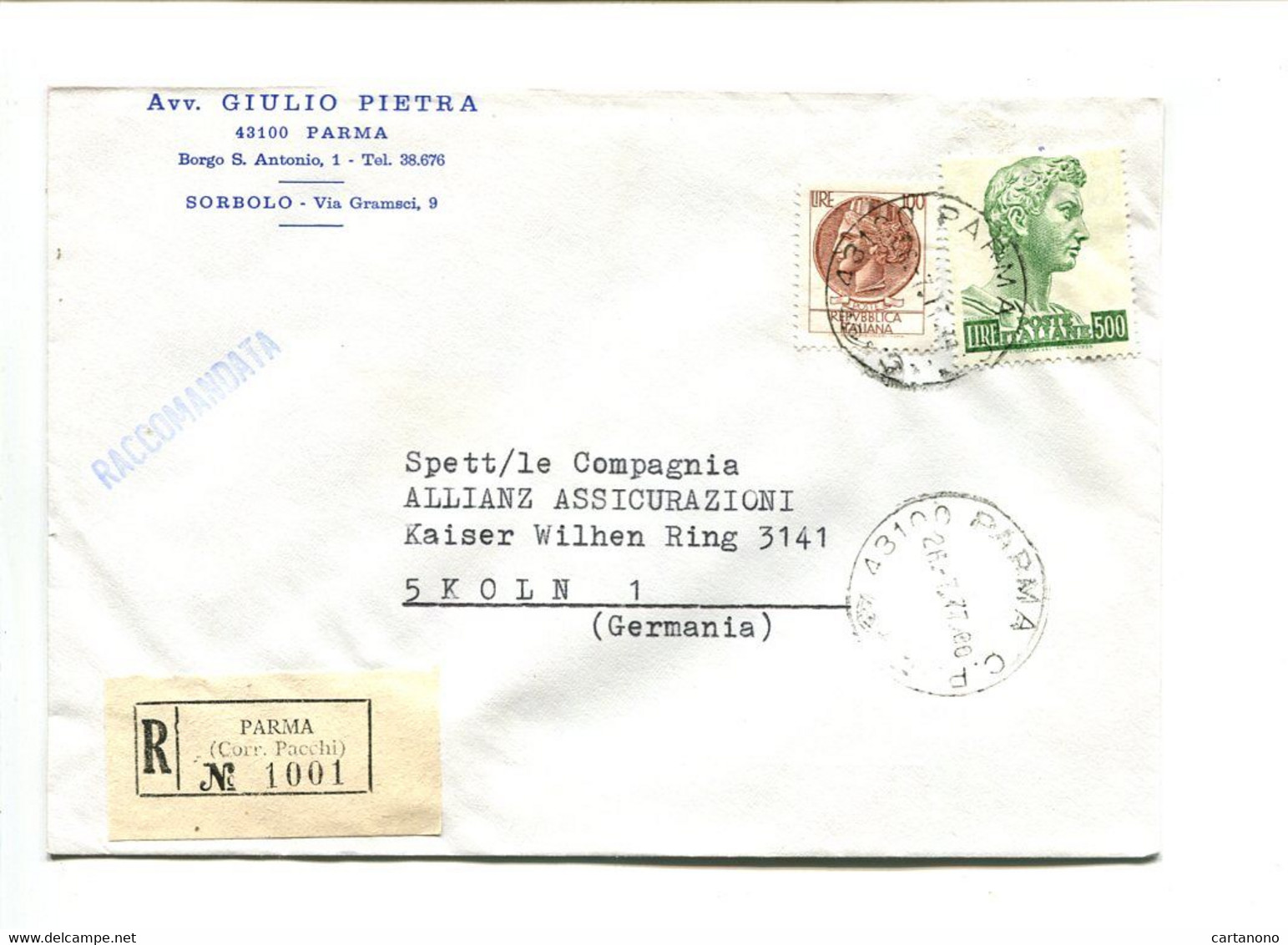 ITALIE Parma 1977 - Affranchissement Sur Lettre Recommandée Pour L'Allemagne - Monnaie Syracusaine - Maschinenstempel (EMA)