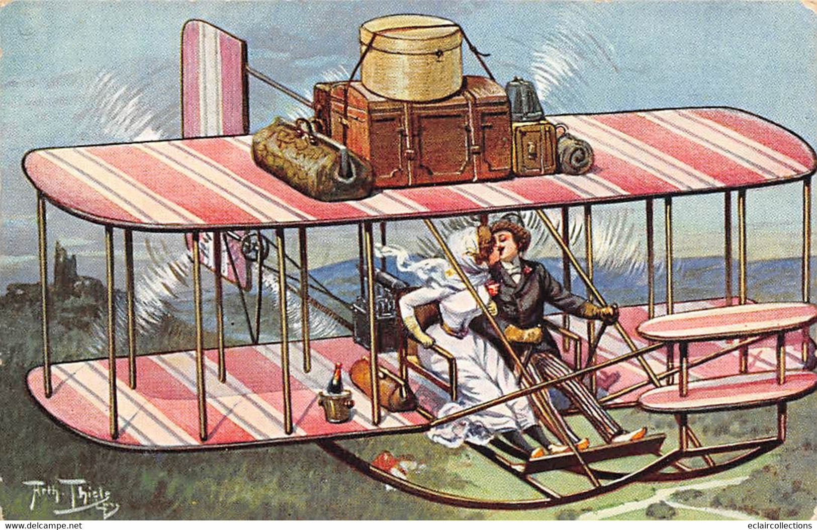 Illustrateur  Arthur Thiele Couple S'embrassant Dans Un Biplan  Avec Bagages Et Champagne Dans Un Seau (voir Scan) - Thiele, Arthur