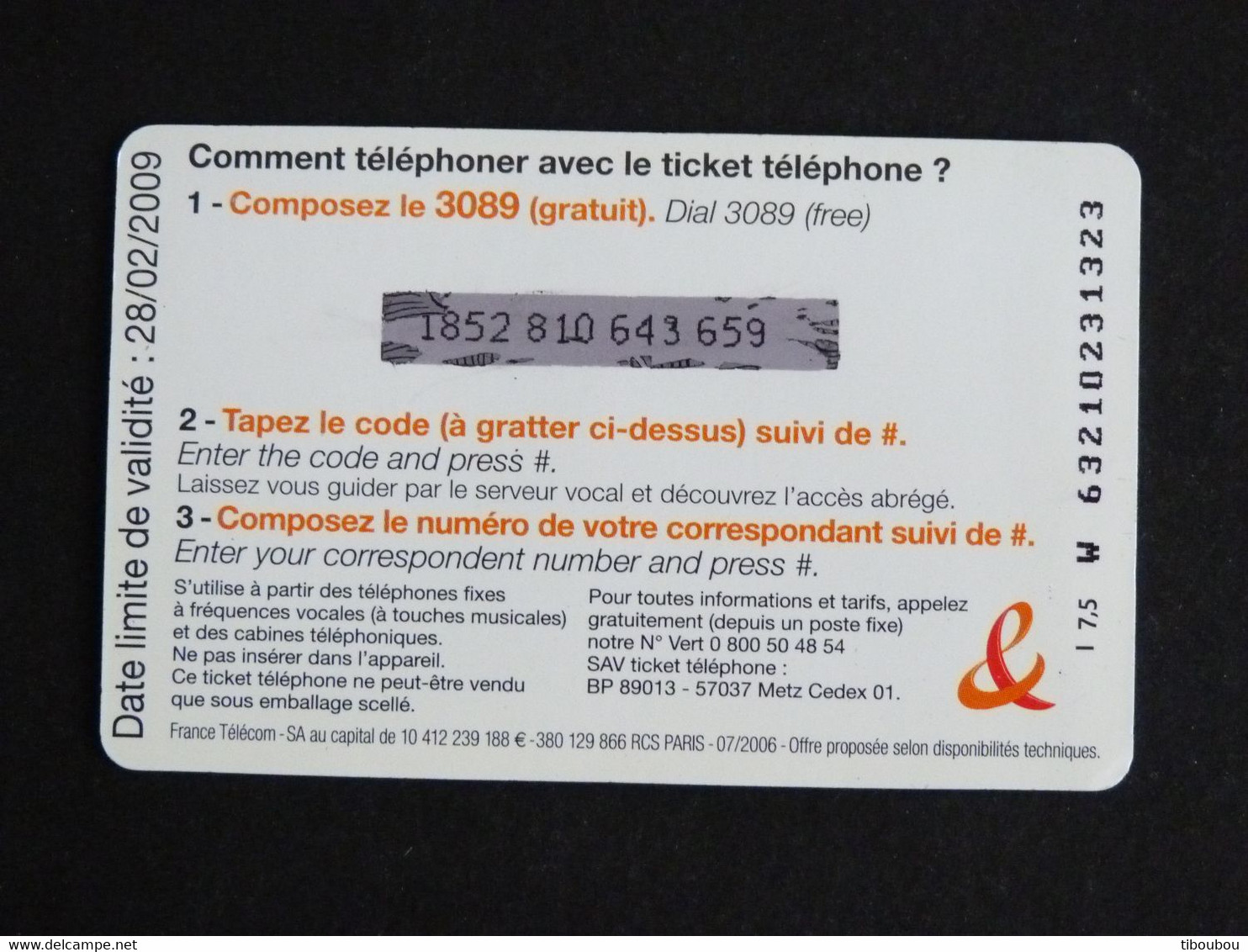 TELECARTE TICKET TELEPHONE INTERNATIONAL 7,5 EUROS FRANCE TELECOM - Biglietti FT