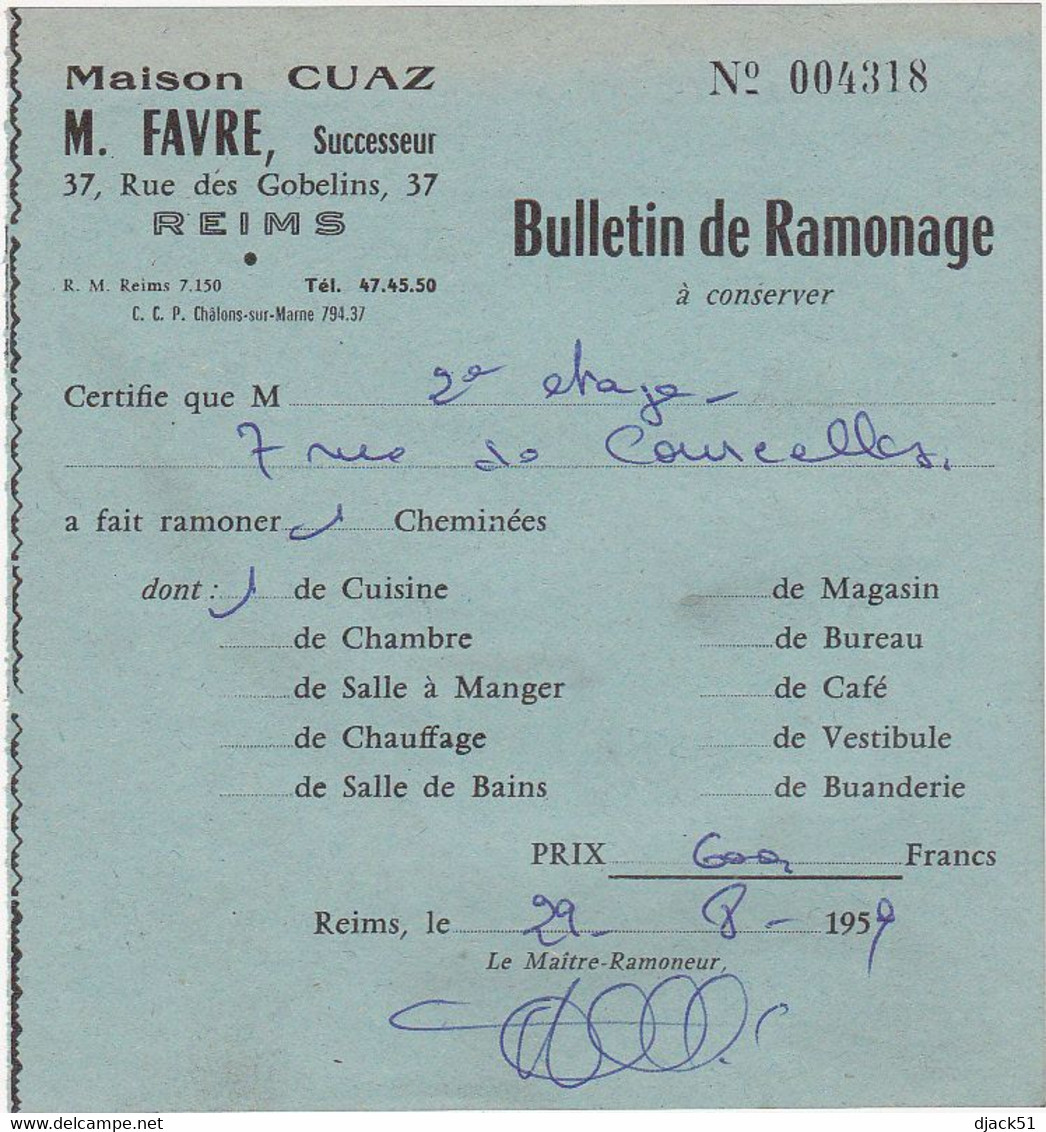 Lot De 6 Anciens Bulletin De Ramonage - Maison CUAZ M. FAVRE REIMS (51) - 1955 à 1960 - Supplies And Equipment