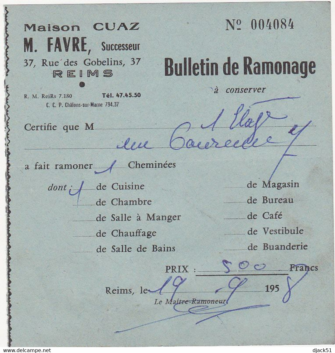 Lot De 6 Anciens Bulletin De Ramonage - Maison CUAZ M. FAVRE REIMS (51) - 1955 à 1960 - Materiaal En Toebehoren