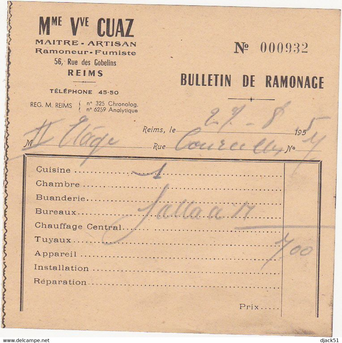 Lot De 6 Anciens Bulletin De Ramonage - Maison CUAZ M. FAVRE REIMS (51) - 1955 à 1960 - Materiaal En Toebehoren