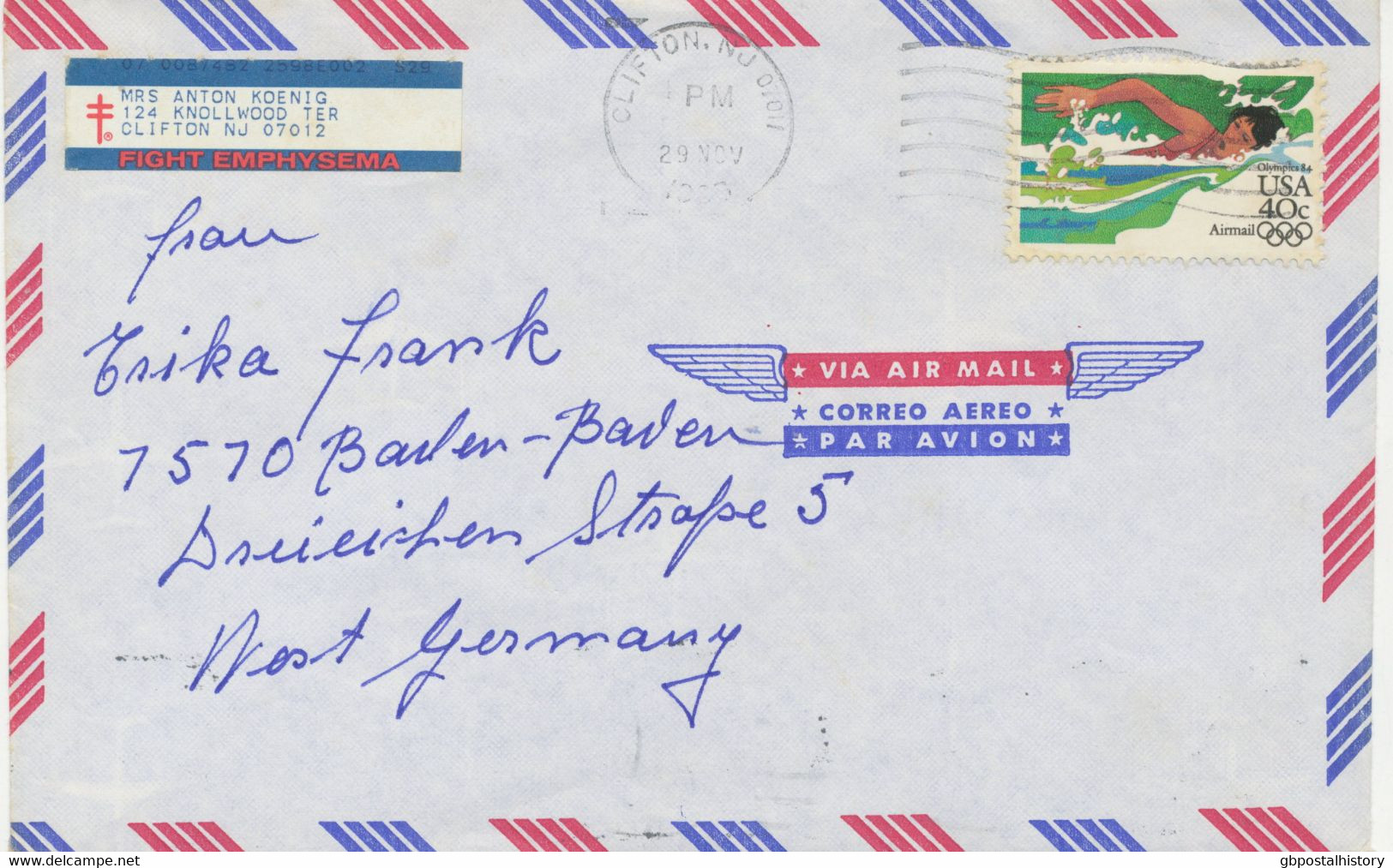 USA 1983, 40 C Air Mail Olympic Summer Games 1984, Los Angeles Swimming On Superb Air Mail Cover From „CLIFTON, NJ 07011 - Lettres & Documents