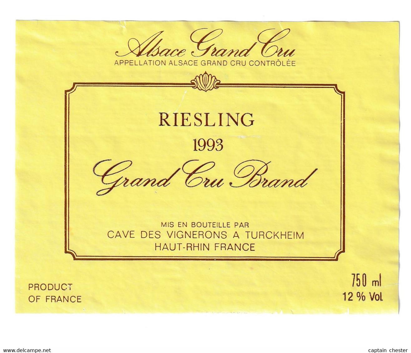 Etiquette De VIN " RIESLING - Grand Cru Brand 1993 " Turckheim - Riesling