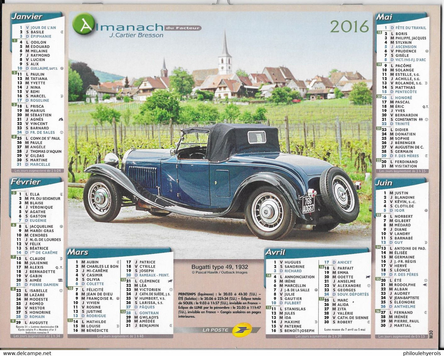 CALENDRIER 2016 VOITURES BUGATTI TYPE 49 1932 ET ALLARD 1951 - Grand Format : 2001-...